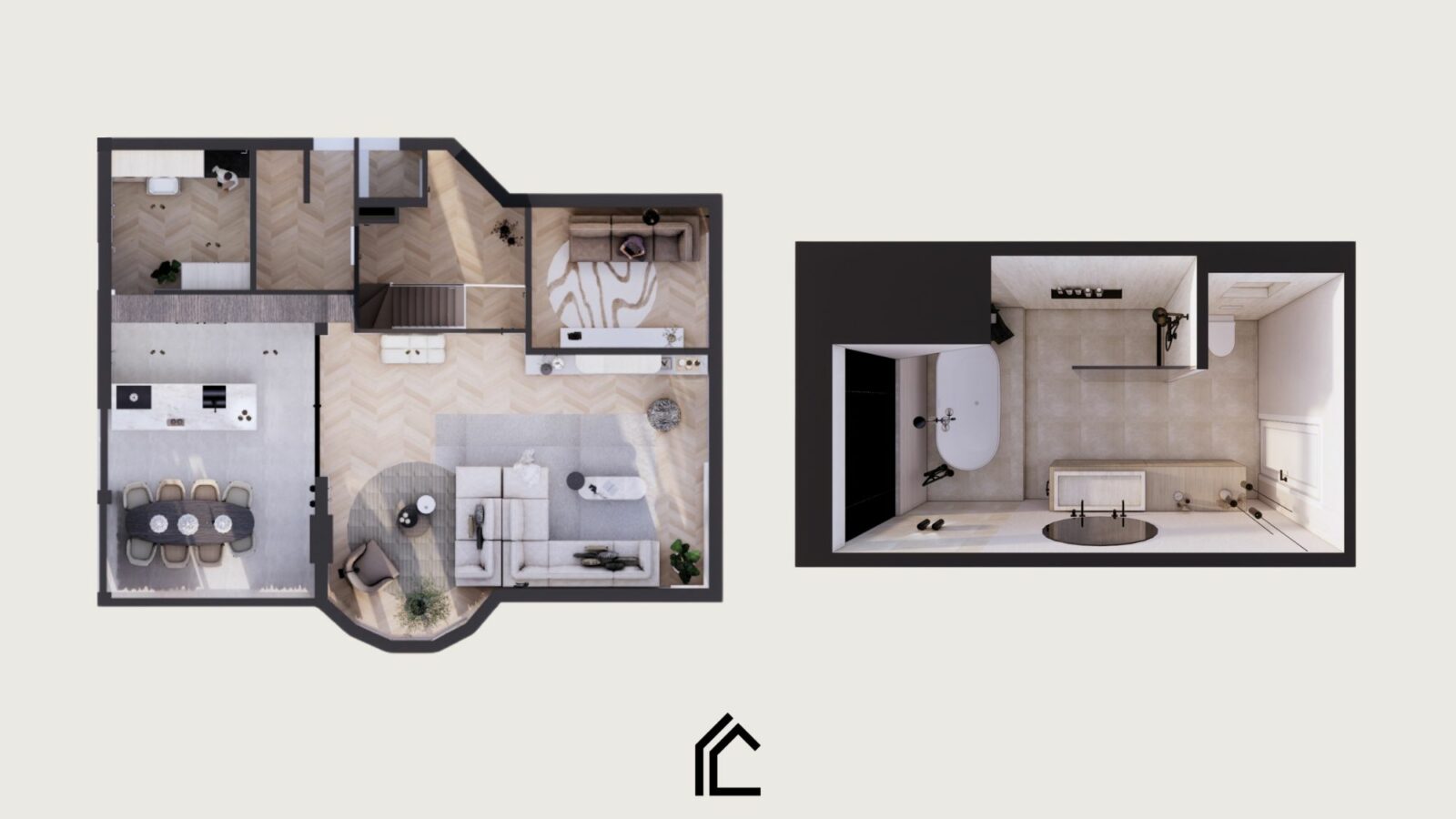 indelings plattegrond voor een interieurontwerp in Eefde. Een indeling voor de woonkamer, woonkeuken en badkamer