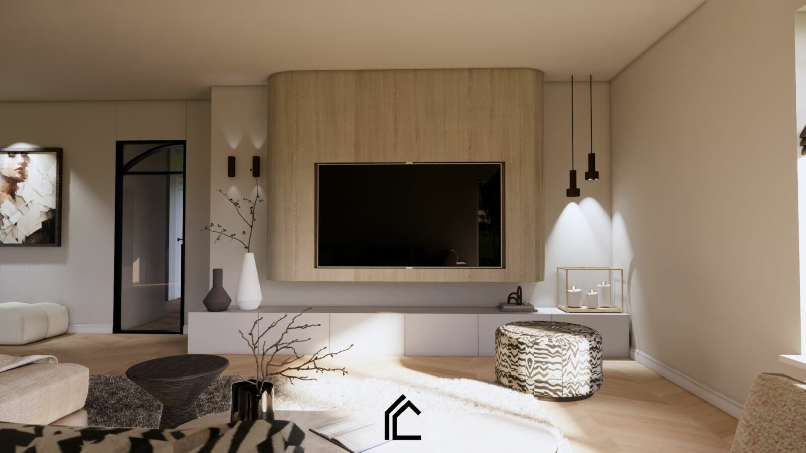 een maatwerk tv meubel in eiken kleur met ronde vormen voor een japandi interieur met moderne touch.